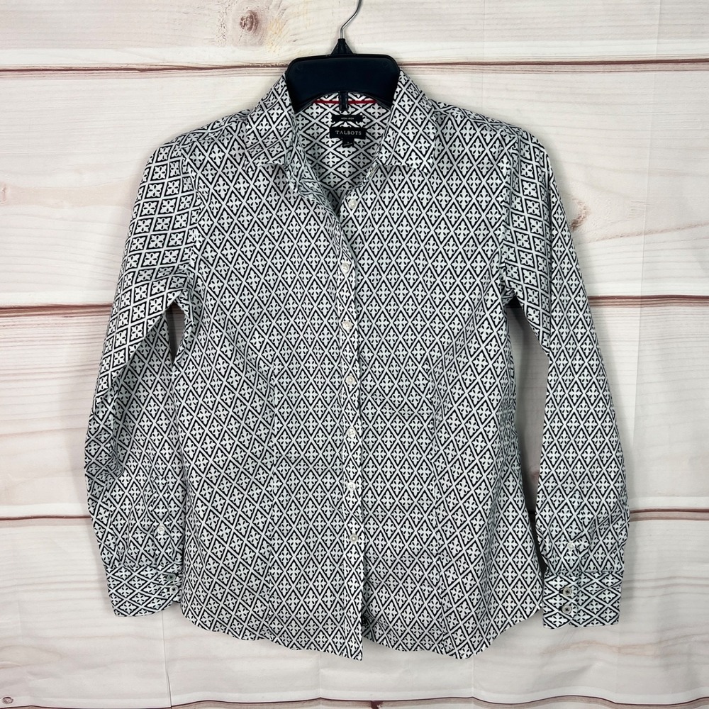 Talbots Top Womens 2 Black White Geometric Shirt Non-Iron Button Up Oxford Woven